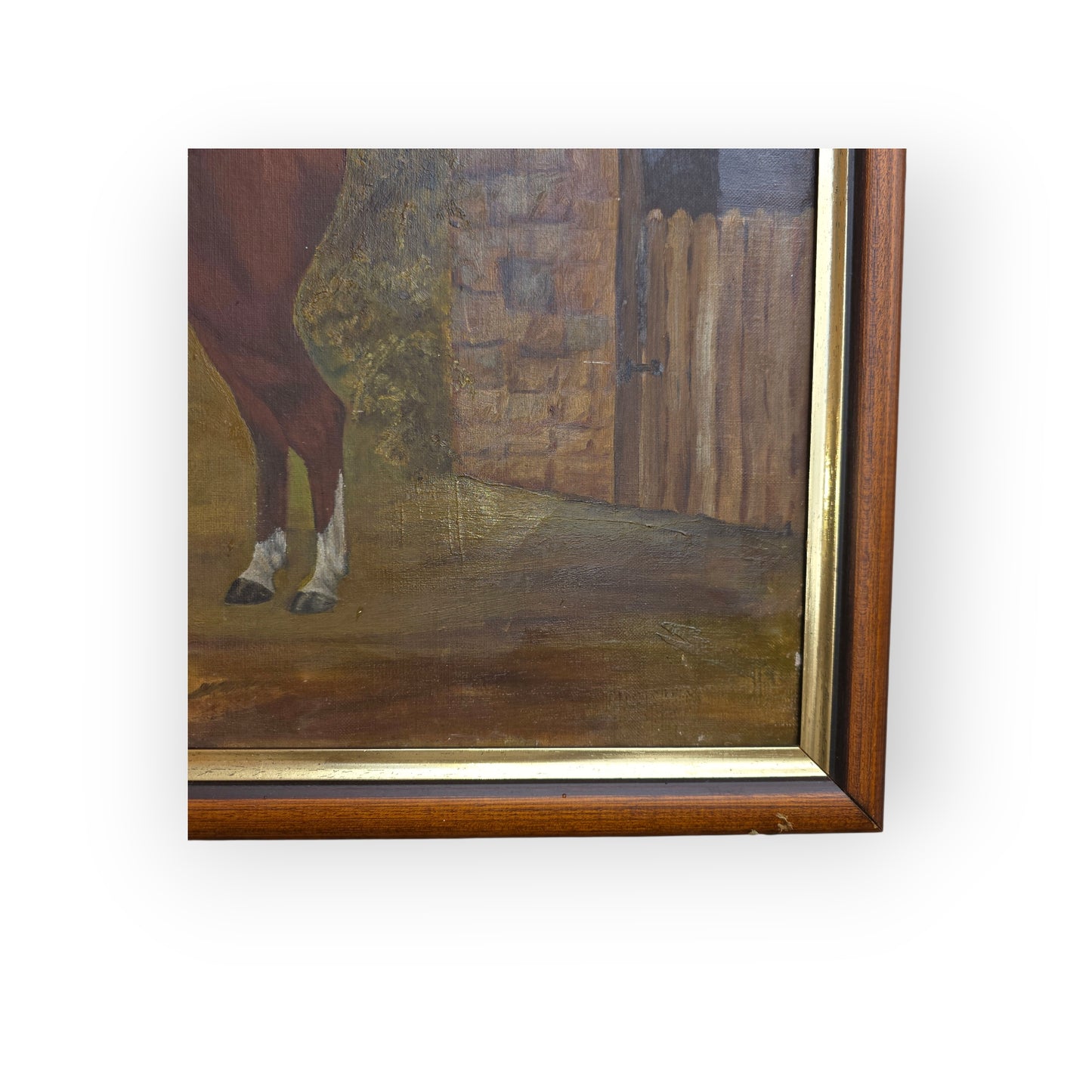 A Primitive 19th-Century English Antique Oil On Canvas Painting / Portrait Of A Bay Horse