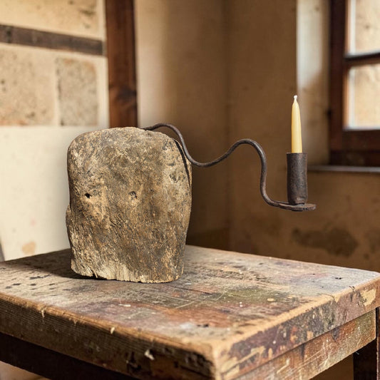 18th‑Century English Antique Wrought‑Iron Candleholder on Wooden Block