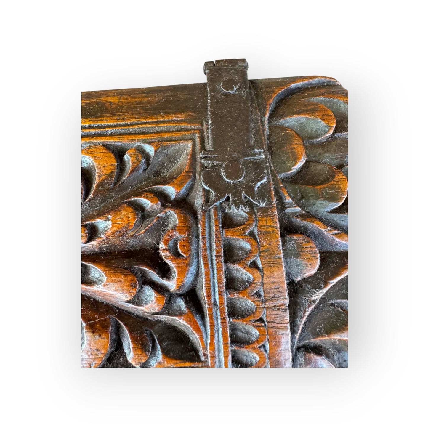 A Rare 17th Century Continental Antique Carved Walnut Table Casket with Original Ironwork, circa 1650