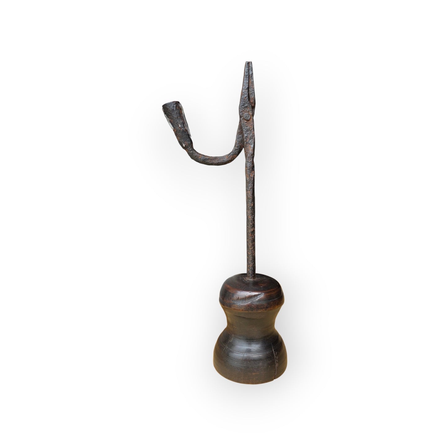 18th Century English Antique Wrought Iron Rushlight Holder on Turned Fruitwood Base