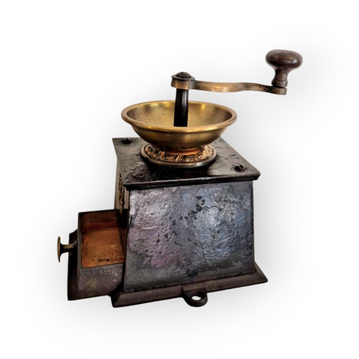 A Good Example Of A 19th-Century English Antique Cast Iron & Brass Coffee Grinder / Mill by J & J Siddons