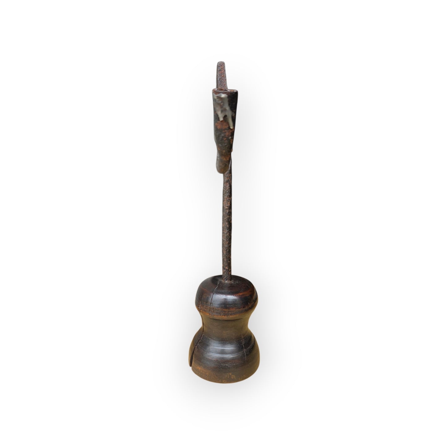 18th Century English Antique Wrought Iron Rushlight Holder on Turned Fruitwood Base