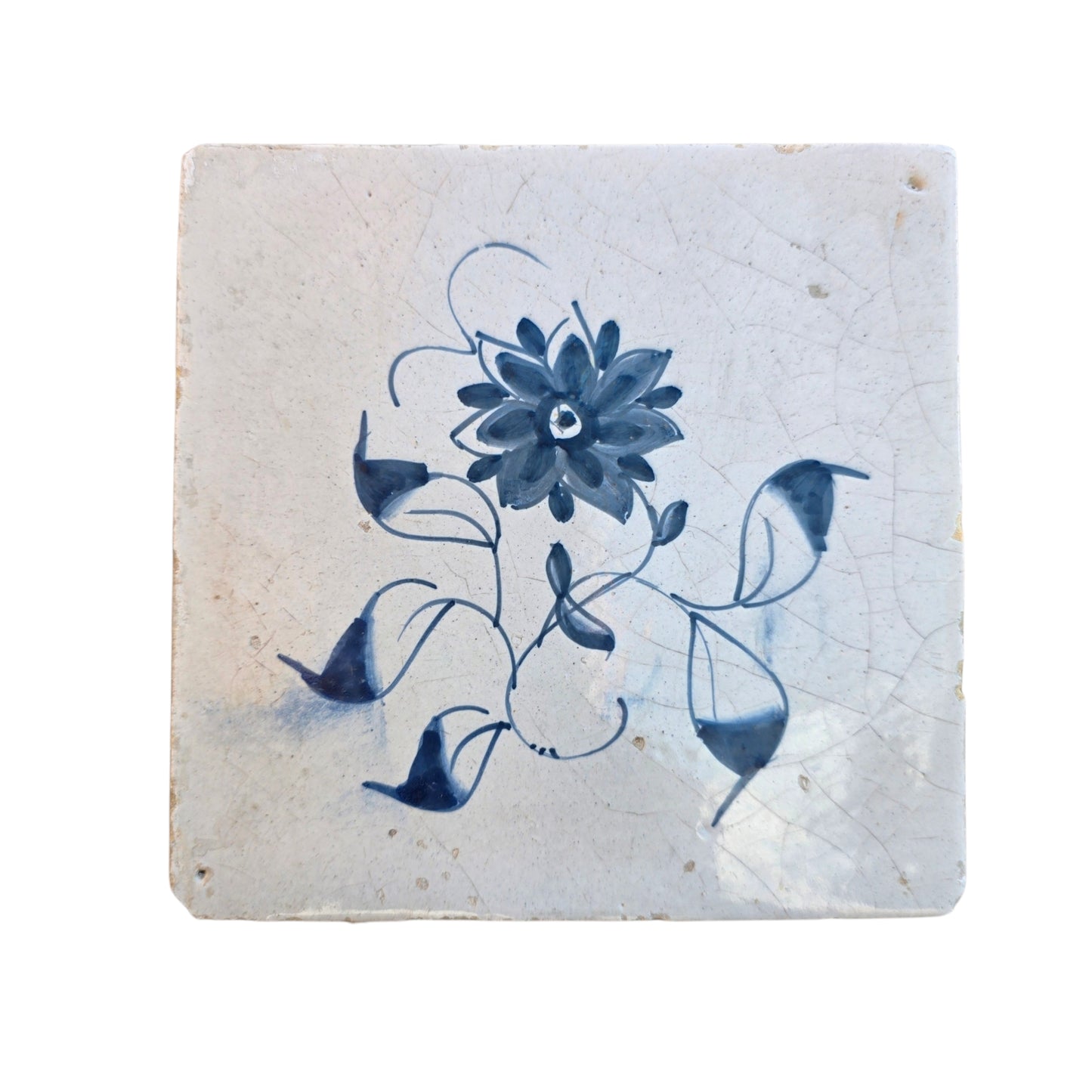 18thC Dutch Antique Delft Floral Tile – Attributed to Makkum, c.1750
