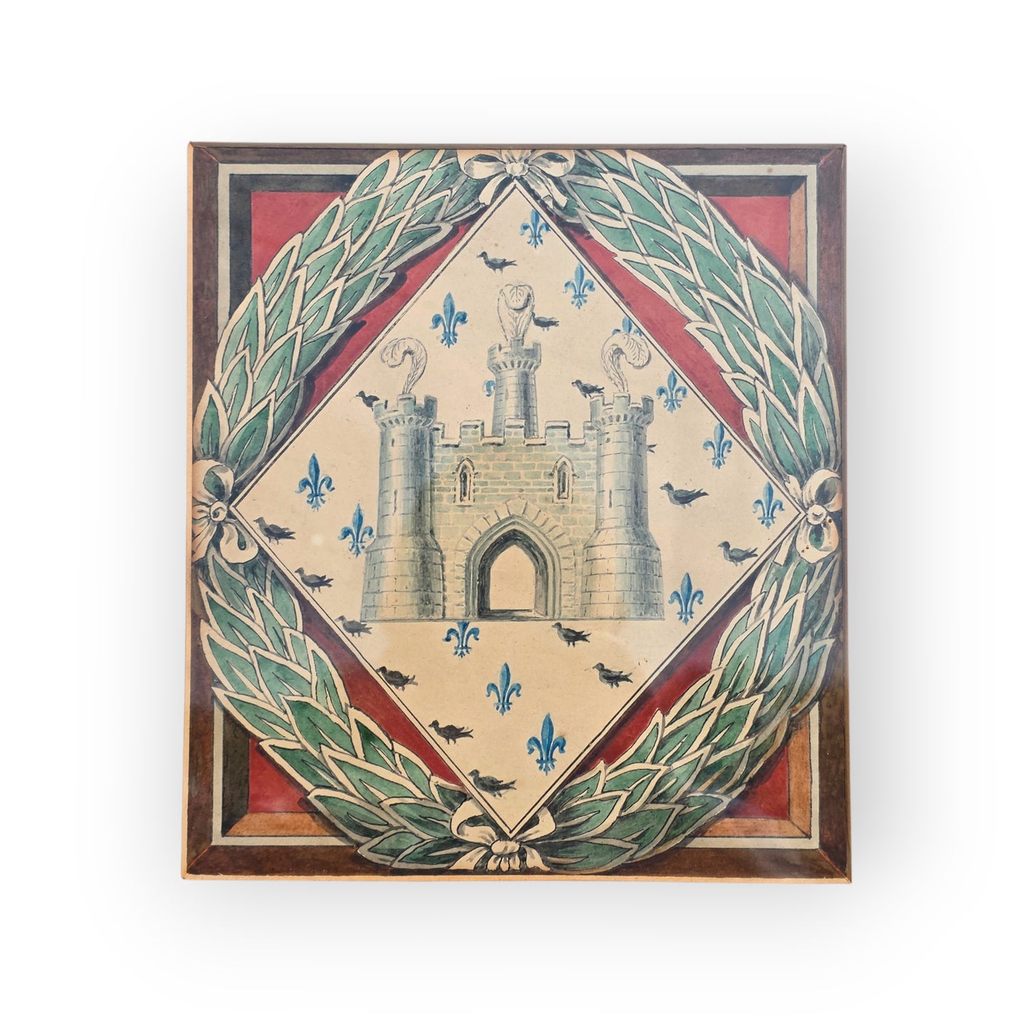 19th Century Antiquarian Heraldic Watercolour — Castle, Fleurs-de-Lis & Crows, Presented in an Oak Frame