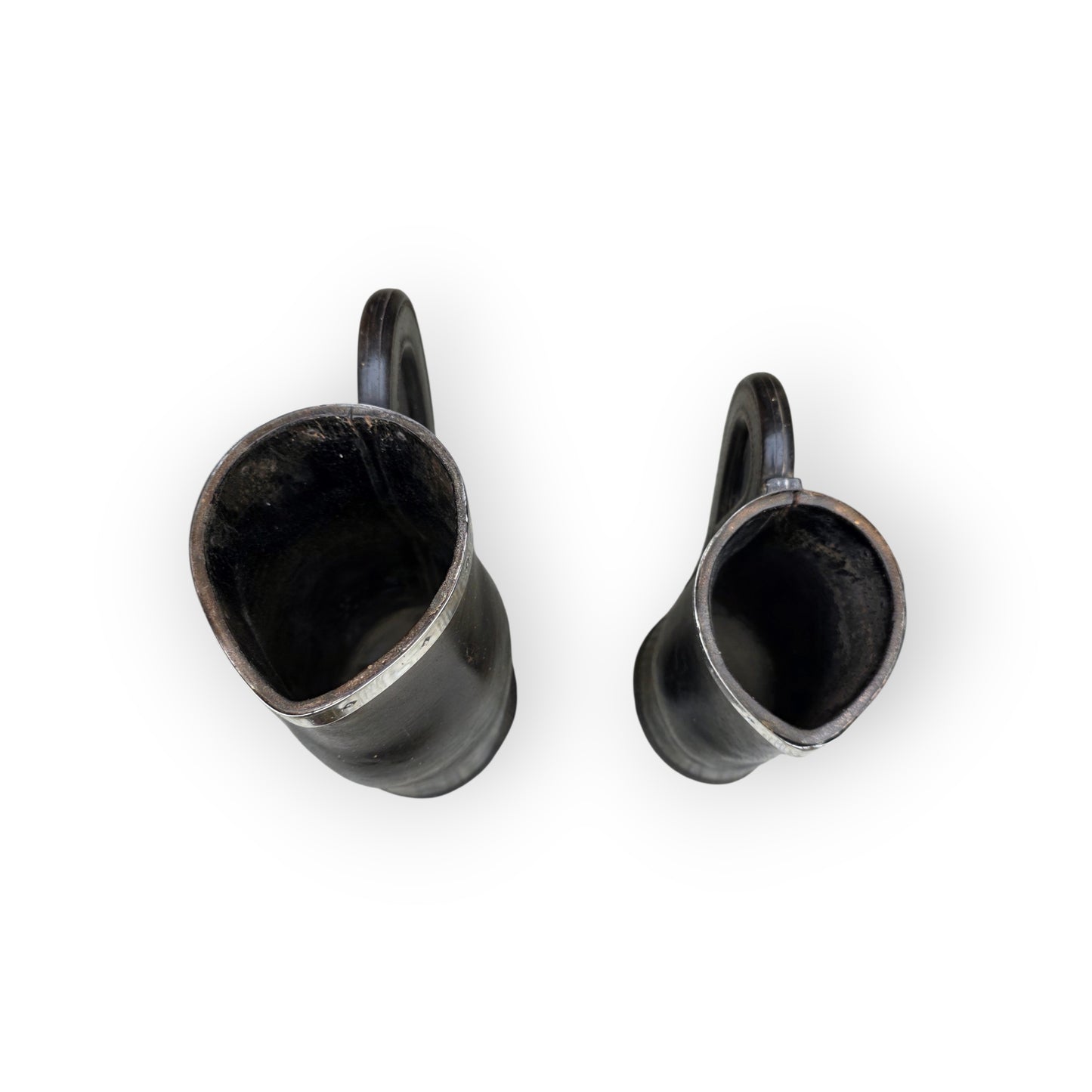 A Graduated Pair of Antique Silver-Mounted Leather Blackjacks by Frederick James Ross of Winchester, Chester Hallmarks, c.1905–06