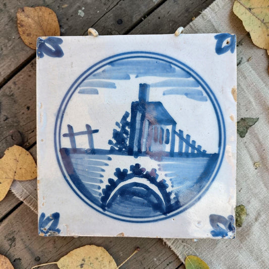 18th‑Century Dutch Antique Delft Landscape Tile, circa 1750