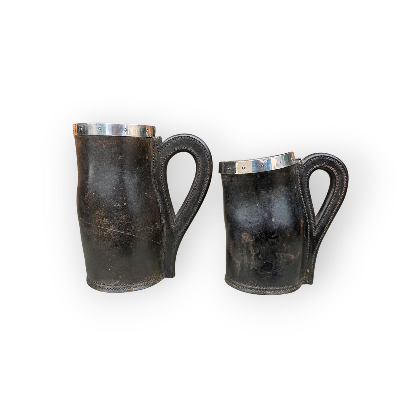 A Graduated Pair of Antique Silver-Mounted Leather Blackjacks by Frederick James Ross of Winchester, Chester Hallmarks, c.1905–06
