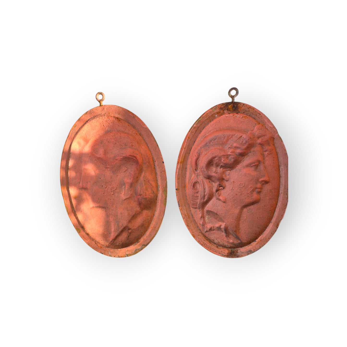 Pair of 19th Century "Grand Tour" Antique Polychrome Cast Iron Relief Plaques of Classical Maidens, Continental, Probably French, circa 1850-1875