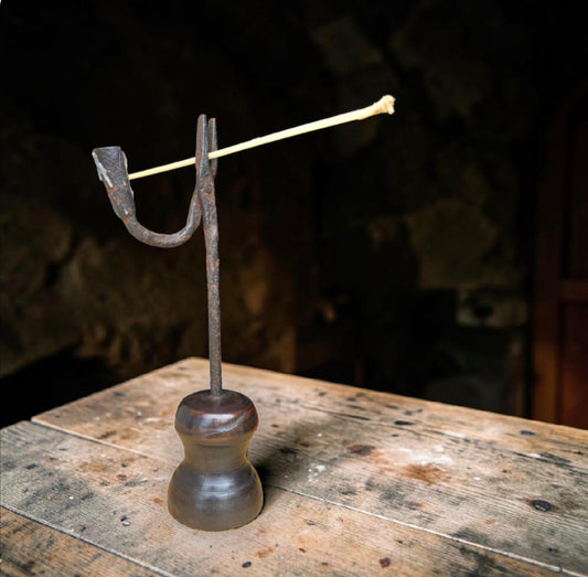 18th Century English Antique Wrought Iron Rushlight Holder on Turned Fruitwood Base