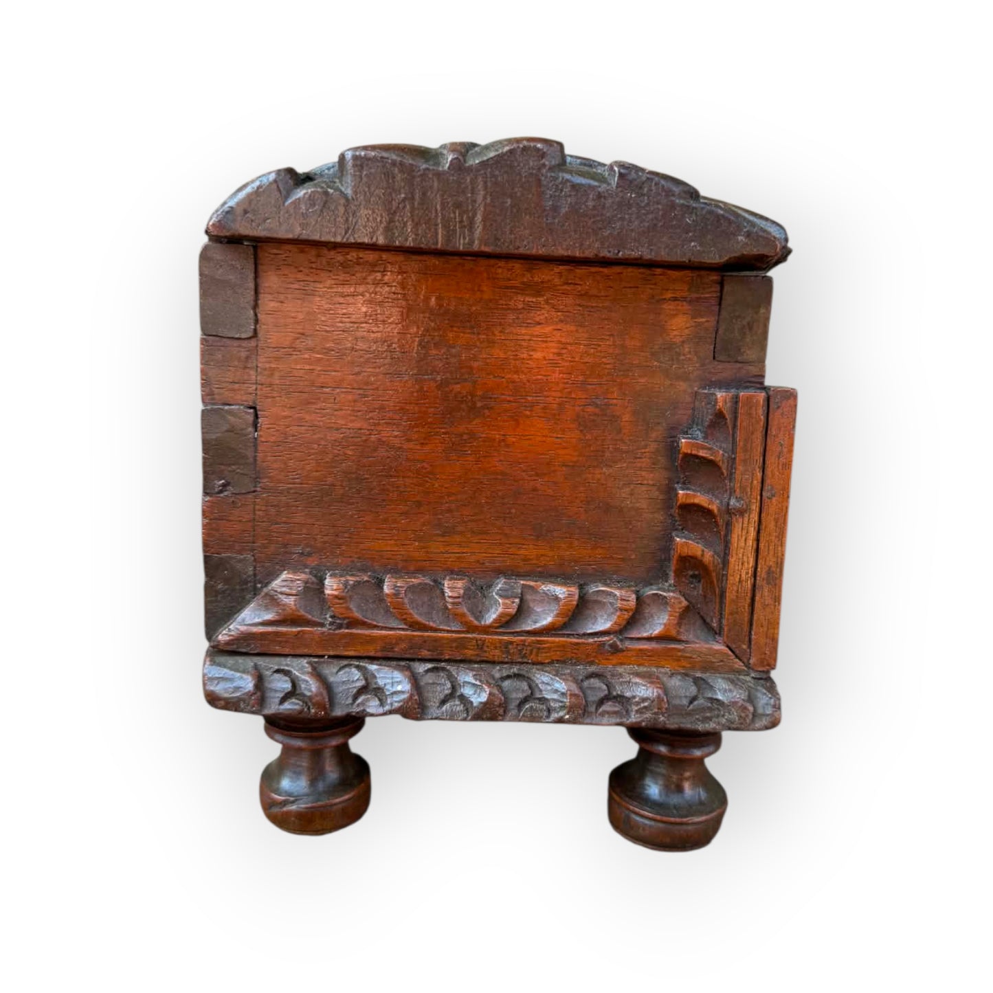 Carved acanthus lunettes and applied corner brackets on probably Iberian 17th century oak table box.