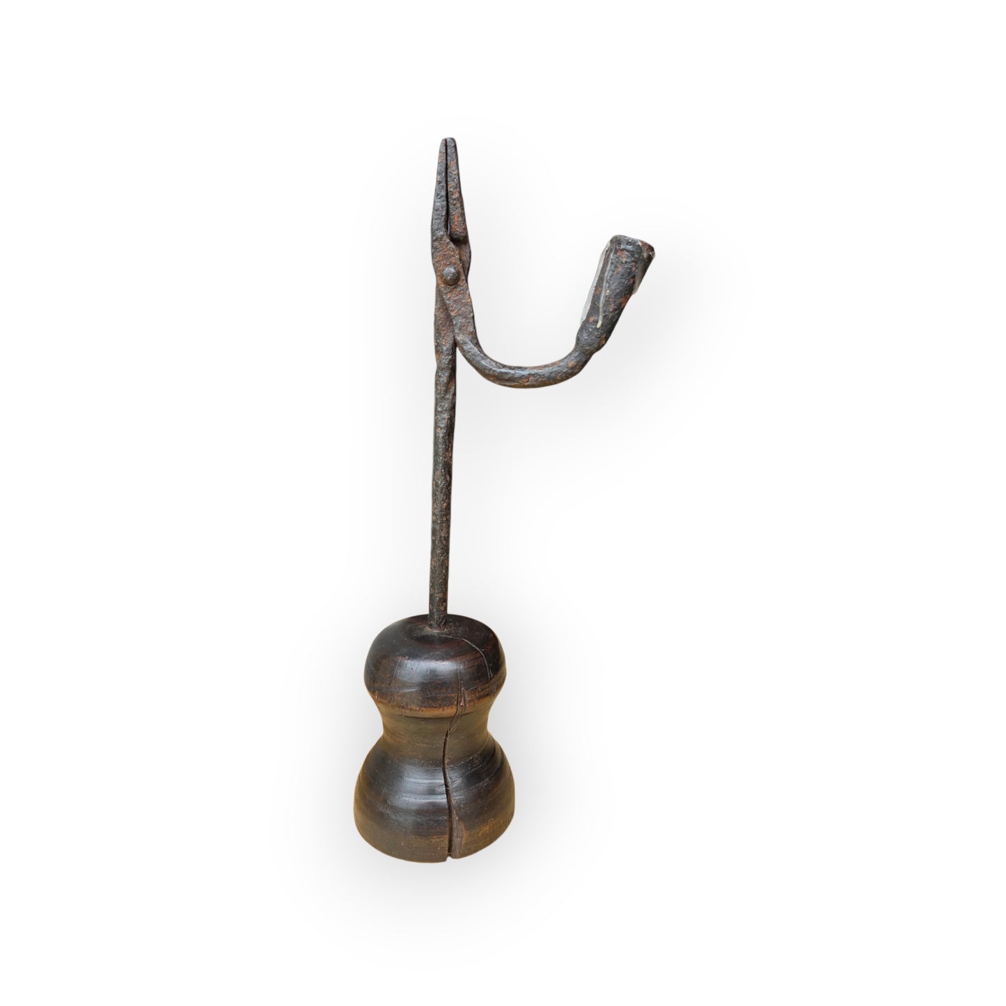 18th Century English Antique Wrought Iron Rushlight Holder on Turned Fruitwood Base