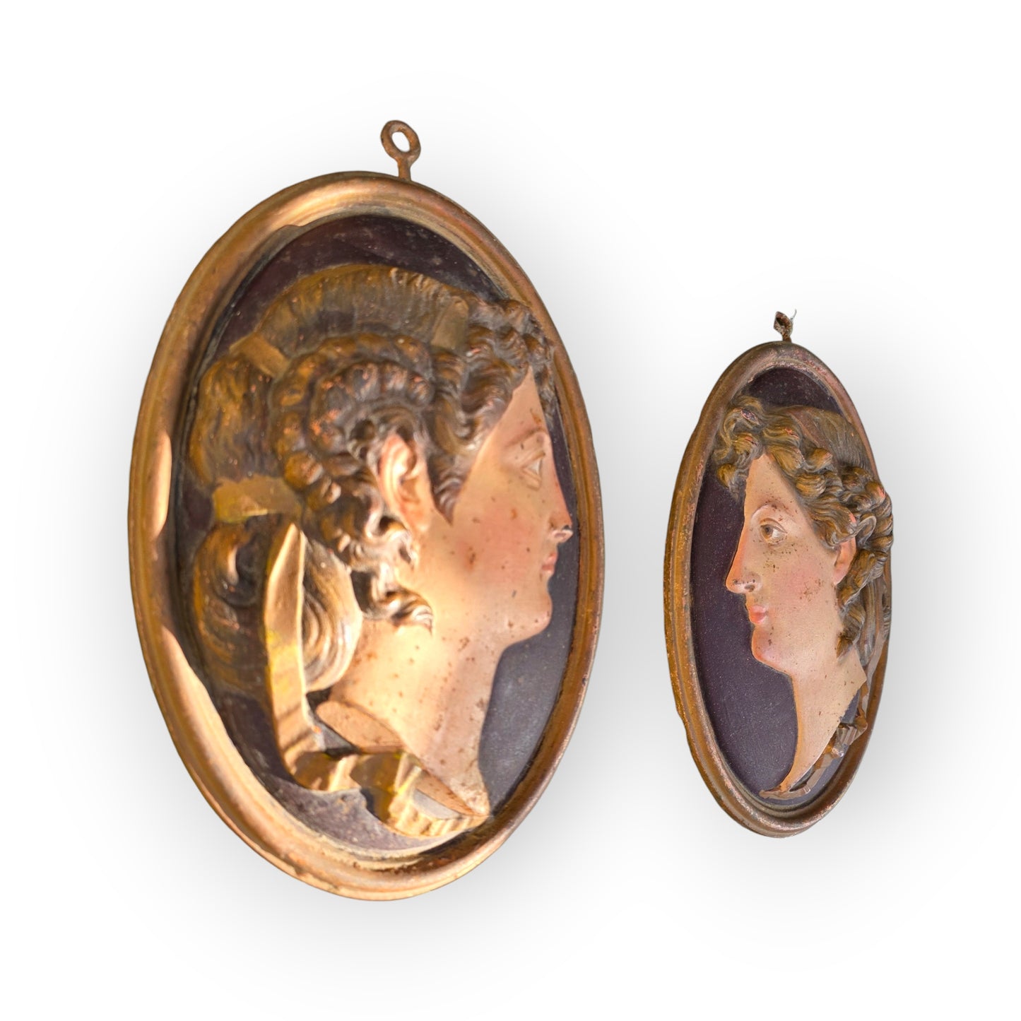 Pair of 19th Century "Grand Tour" Antique Polychrome Cast Iron Relief Plaques of Classical Maidens, Continental, Probably French, circa 1850-1875