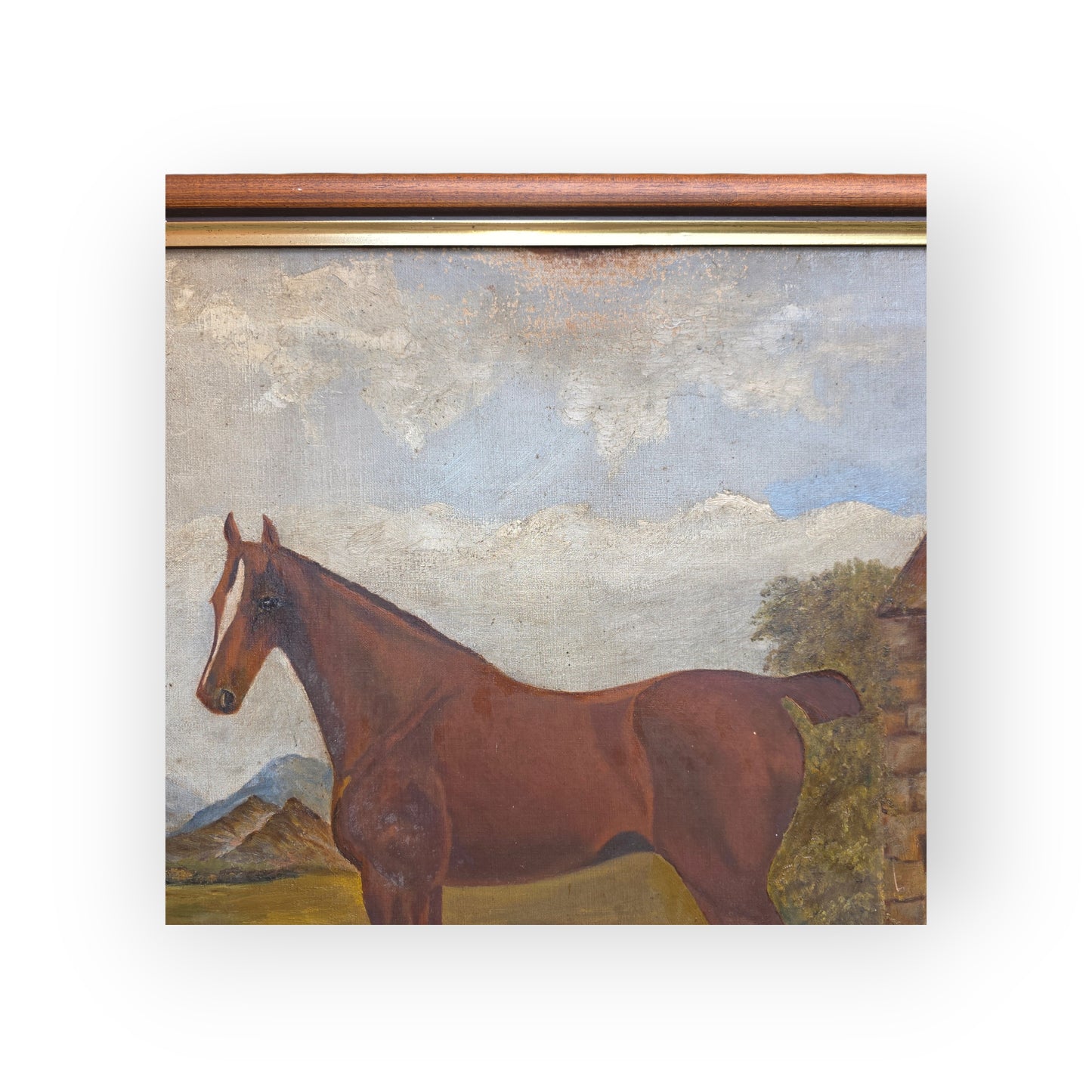 A Primitive 19th-Century English Antique Oil On Canvas Painting / Portrait Of A Bay Horse