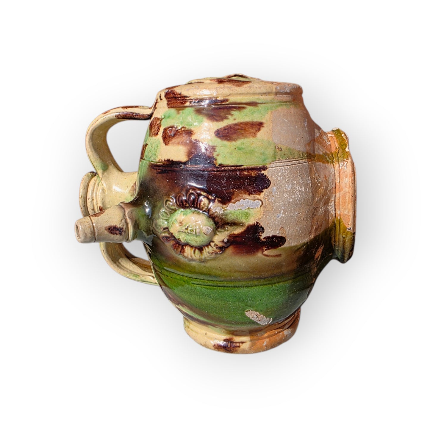 A Rare 17th Century French Saintonge Lead-Glazed Earthenware Costrel, Attributed to La Chapelle-des-Pots, With Applied Mask and Eagle Medallions, Circa 1600-1650