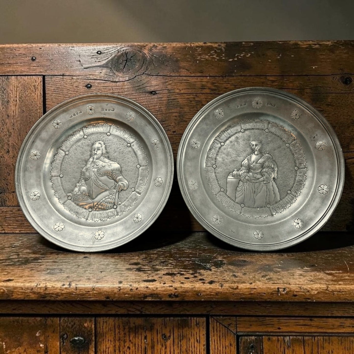 Rare Pair of 17th-Century Antique Pewter Chargers Depicting King Charles I & Henrietta Maria