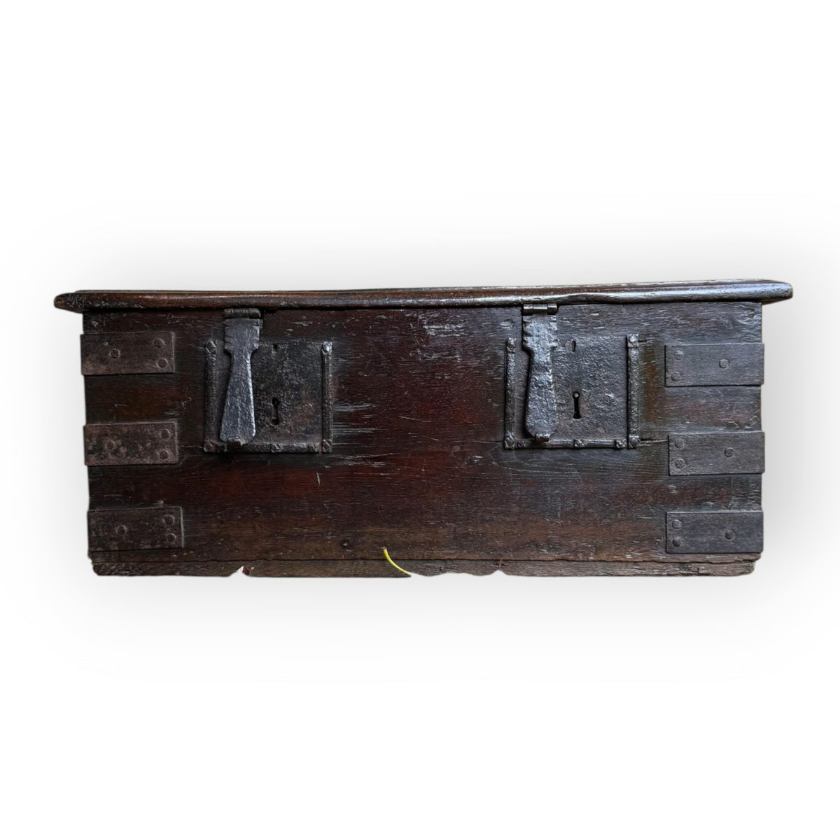 Early 17th Century Antique Oak & Iron Strong Box With Twin Locks
