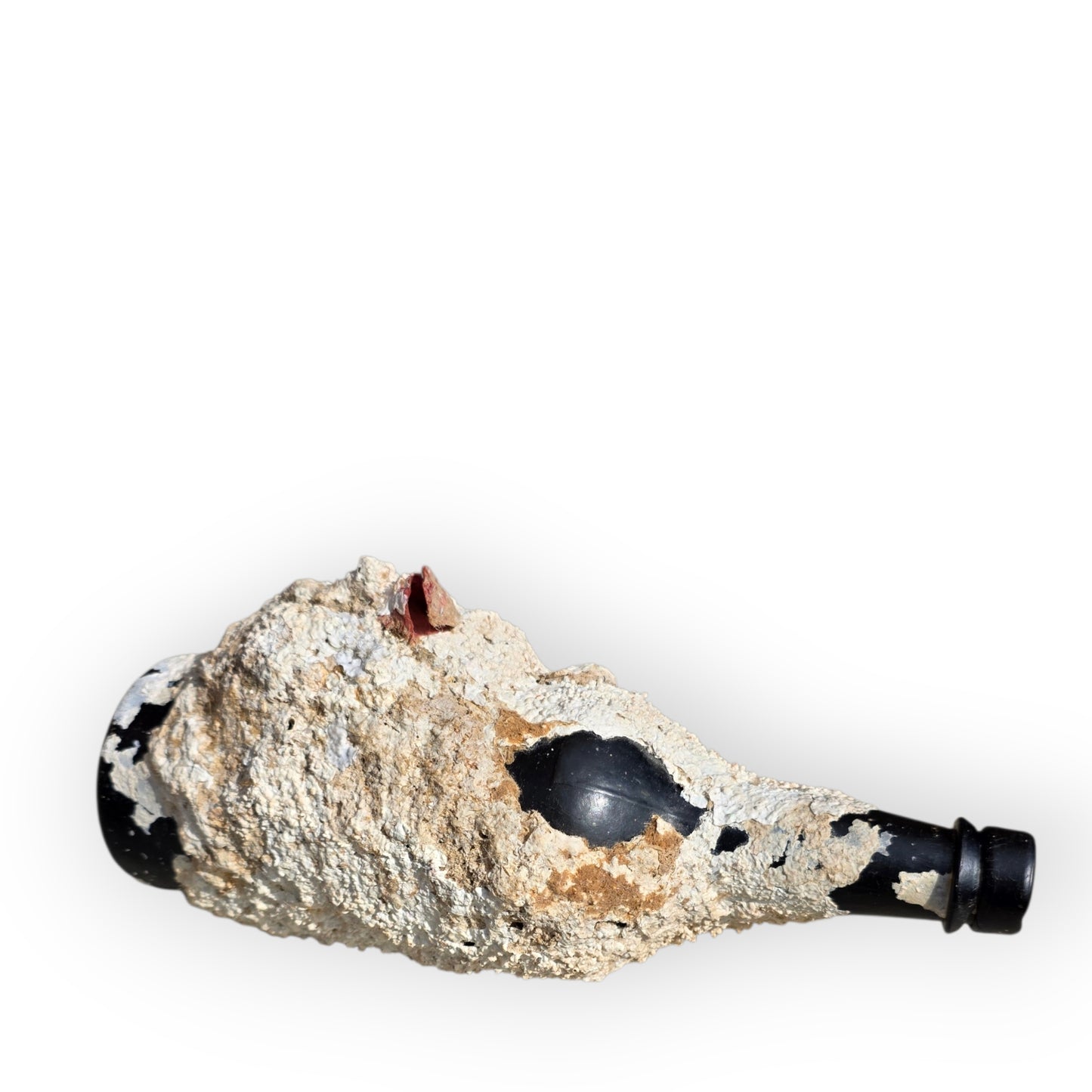 Shipwreck-Recovered English Antique Black Glass Cylinder Bottle with Marine Concretion, c.1840