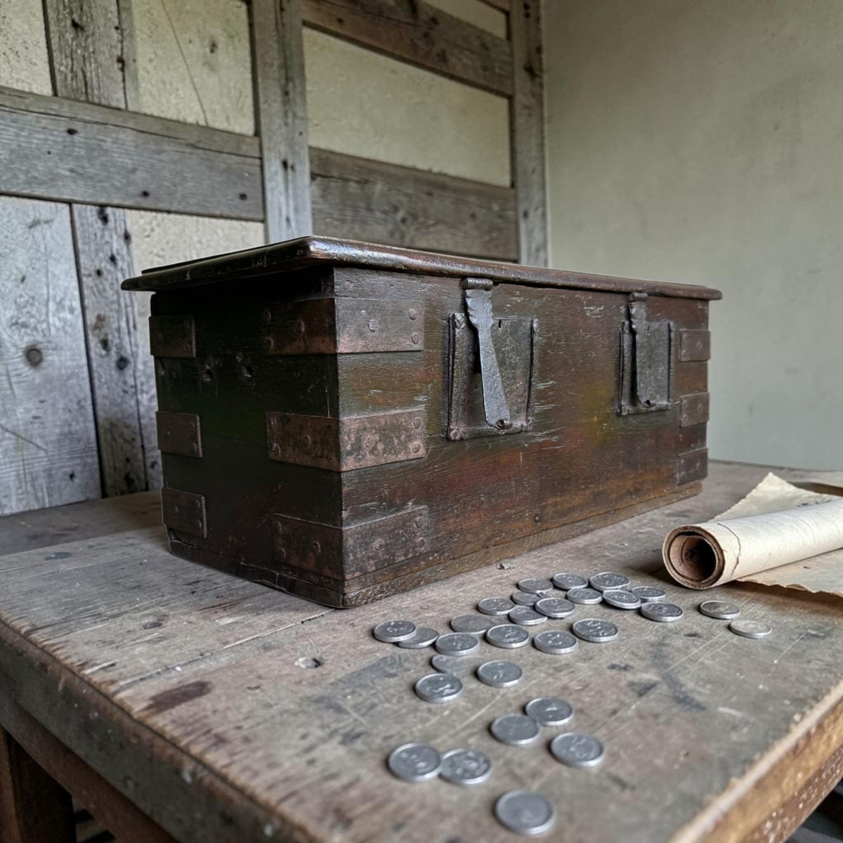 Early 17th Century Antique Oak & Iron Strong Box With Twin Locks