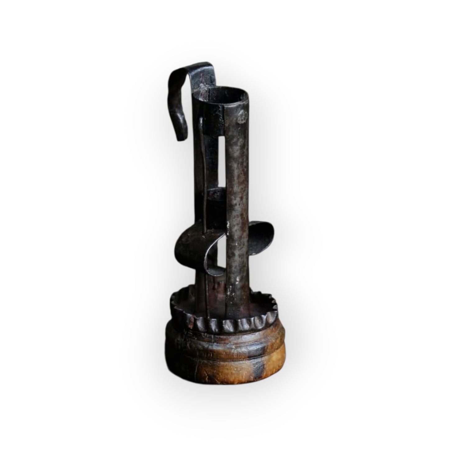 Unusual 18th-Century Antique Iron and Treen Hog-Scraper-Come-Stable-Come-Birdcage Candleholder, circa 1780