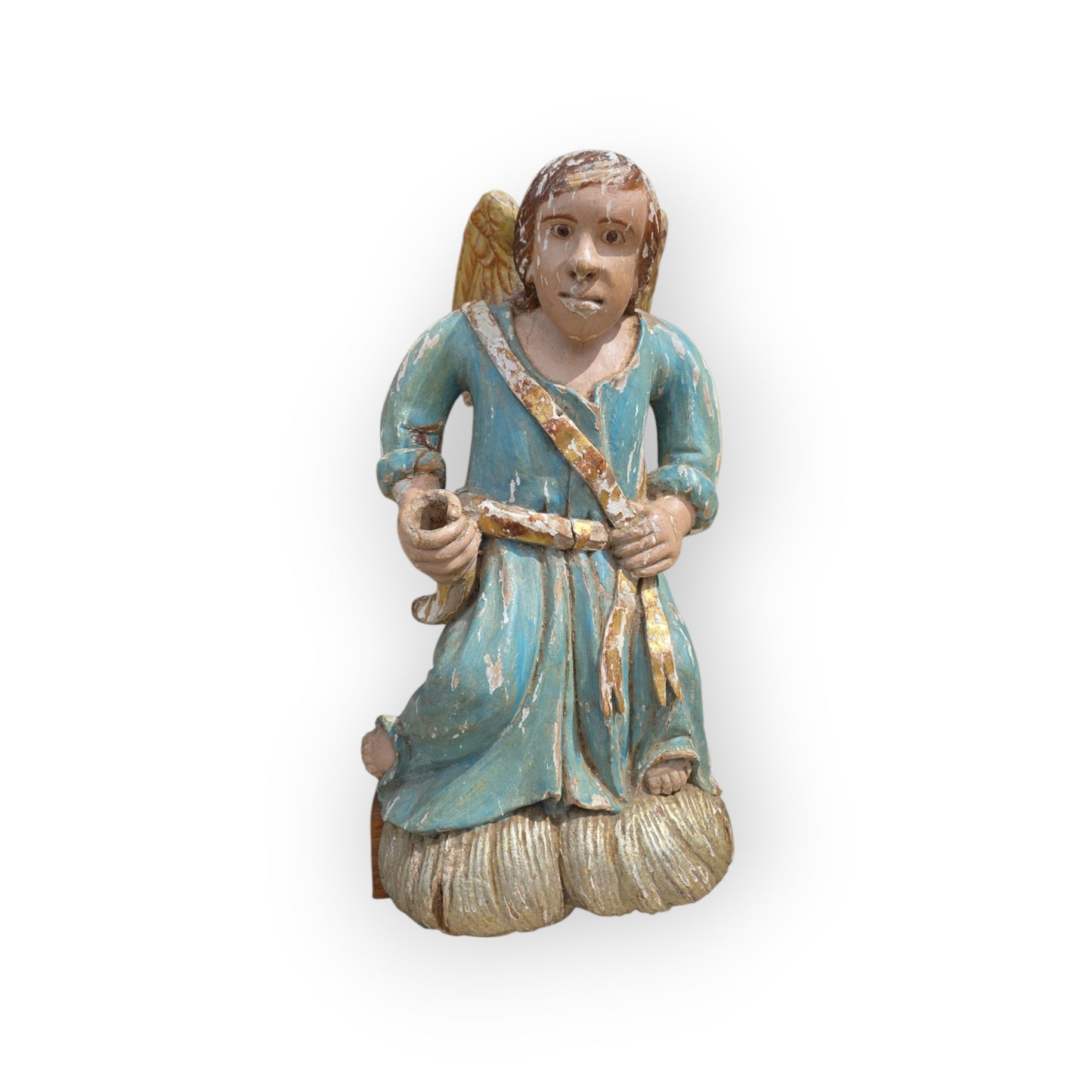 Early 18th Century Baroque Antique Carved Wooden Angel in Original Polychrome