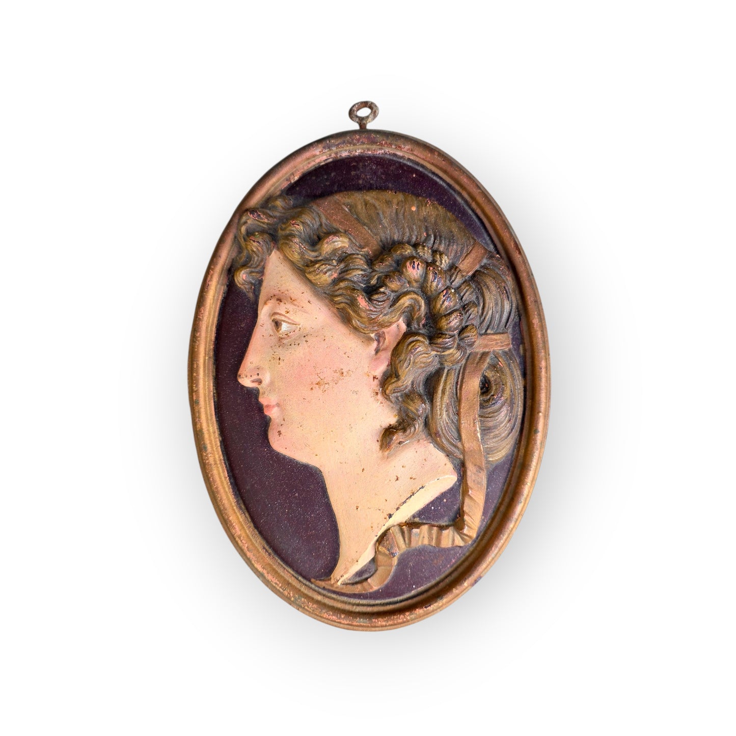 Pair of 19th Century "Grand Tour" Antique Polychrome Cast Iron Relief Plaques of Classical Maidens, Continental, Probably French, circa 1850-1875