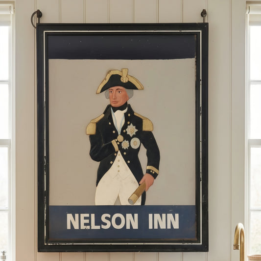 A Fine, Large, Double-Sided English Painted and Relief-Moulded Pub Sign for the Nelson Inn