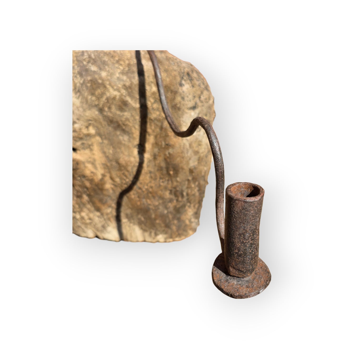 18th‑Century English Antique Wrought‑Iron Candleholder on Wooden Block