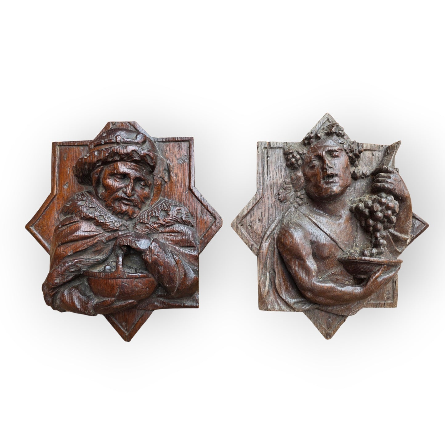 Pair of Mid 17th Century Flemish Antique Carved Oak Bosses / Panels Depicting Autumn & Winter