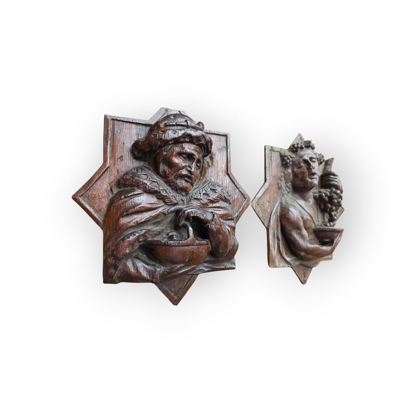 Pair of Mid 17th Century Flemish Antique Carved Oak Bosses / Panels Depicting Autumn & Winter
