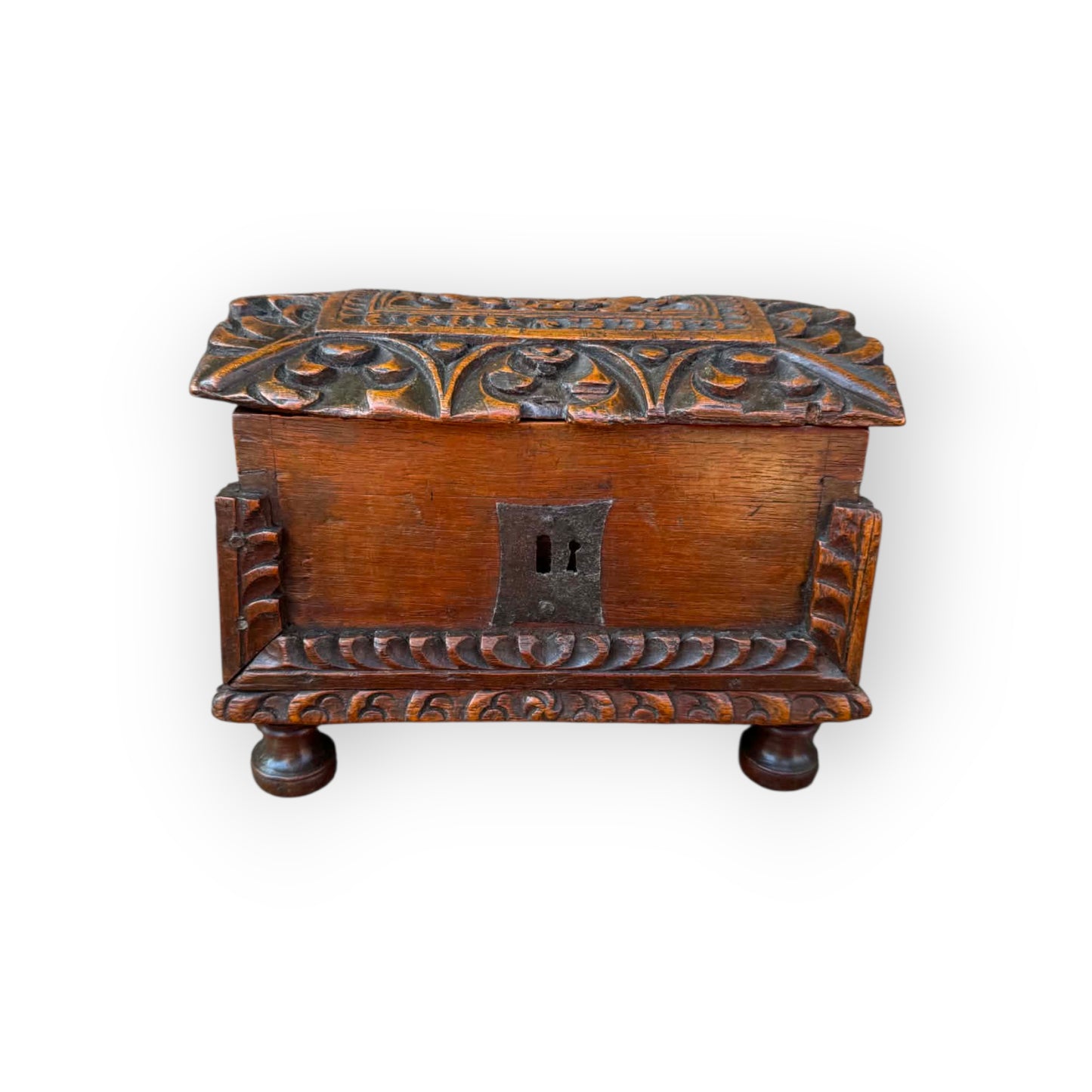 A Rare 17th Century Continental Antique Carved Walnut Table Casket with Original Ironwork, circa 1650