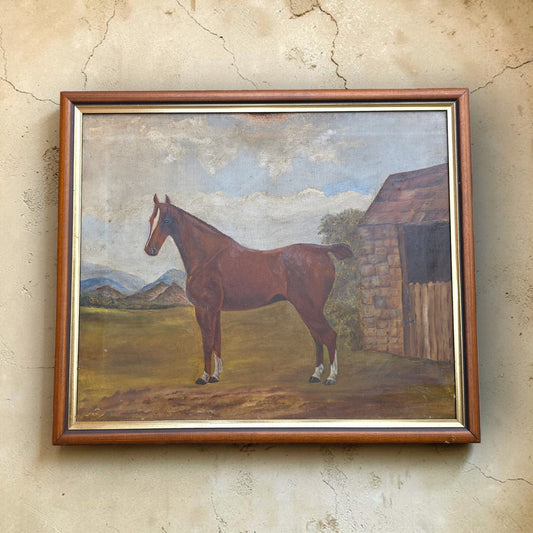 A Primitive 19th-Century English Antique Oil On Canvas Painting / Portrait Of A Bay Horse