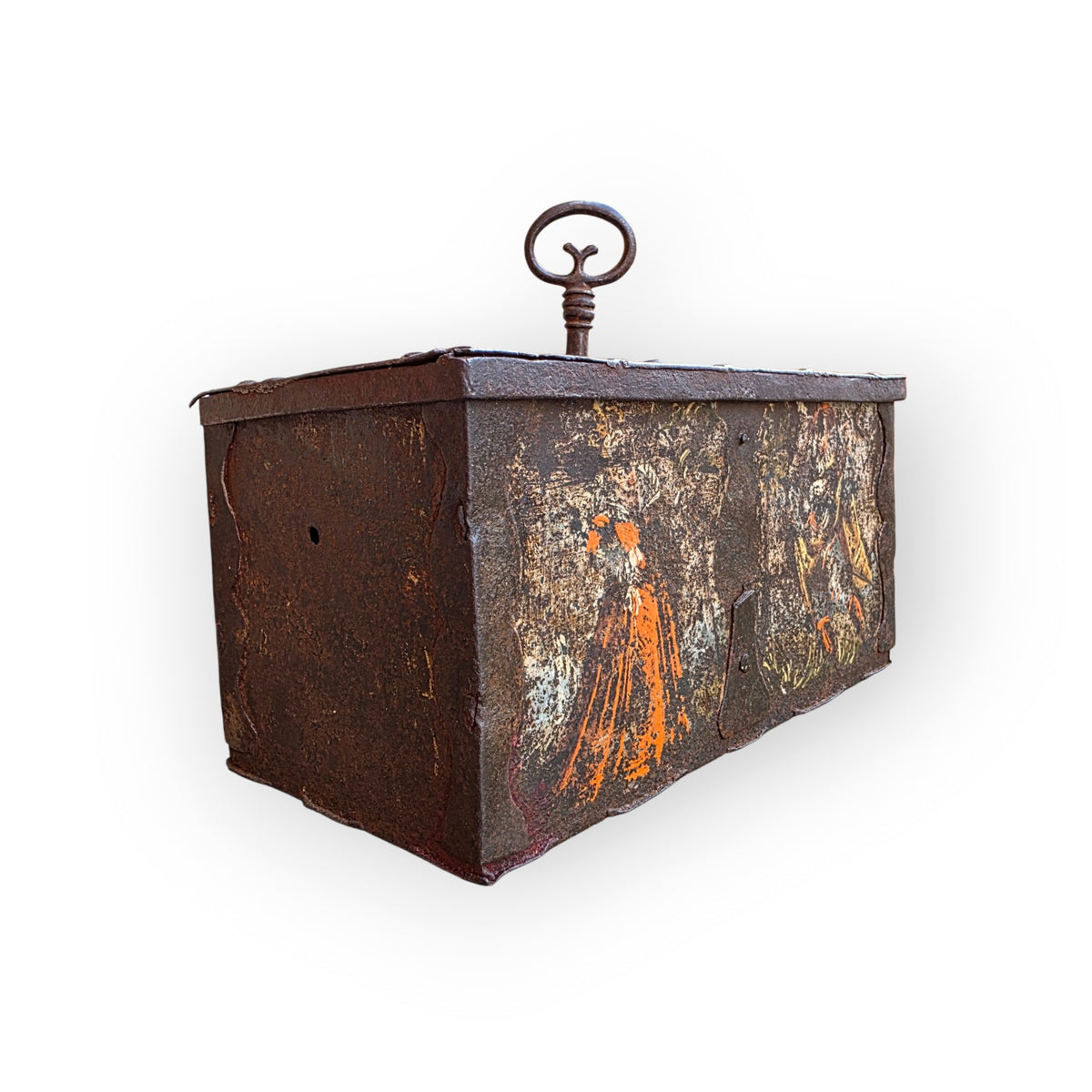 Front and side view of a Nuremberg iron casket, circa 1580, showing painted figural panels and iron strap banding. Also showing missing side carry handle.