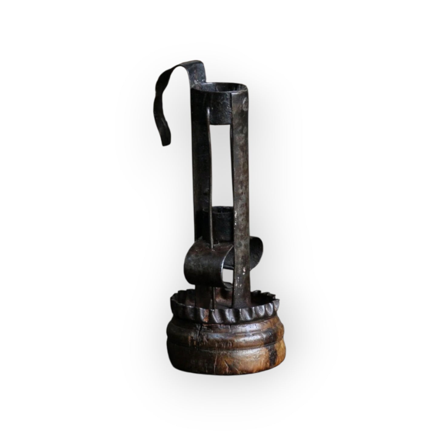 Unusual 18th-Century Antique Iron and Treen Hog-Scraper-Come-Stable-Come-Birdcage Candleholder, circa 1780