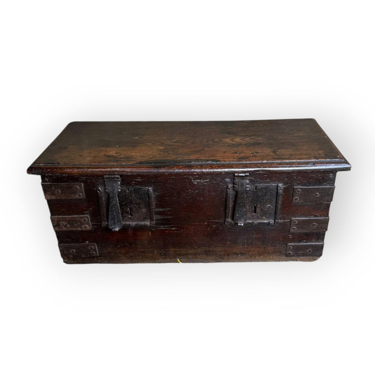 Early 17th Century Antique Oak & Iron Strong Box With Twin Locks
