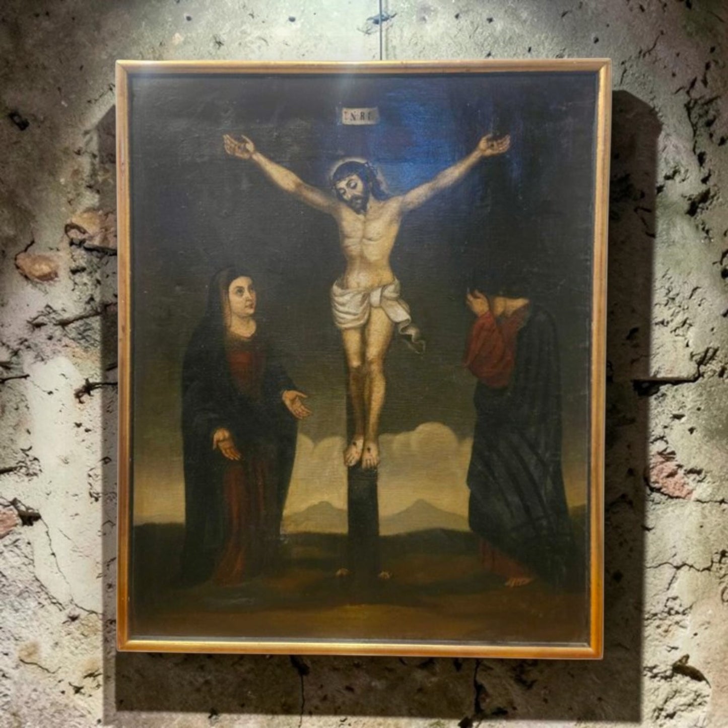 Large Late 17th/Early 18th-Century Spanish School Oil on Canvas, "The Crucifixion" — Christ on the Cross with the Virgin and Saint John