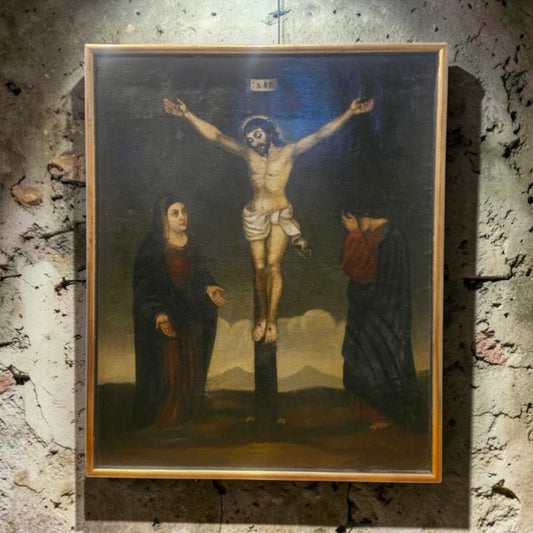 A Late 17th/Early 18th-Century Spanish School Oil on Canvas, "The Crucifixion" — Christ on the Cross with the Virgin and Saint John