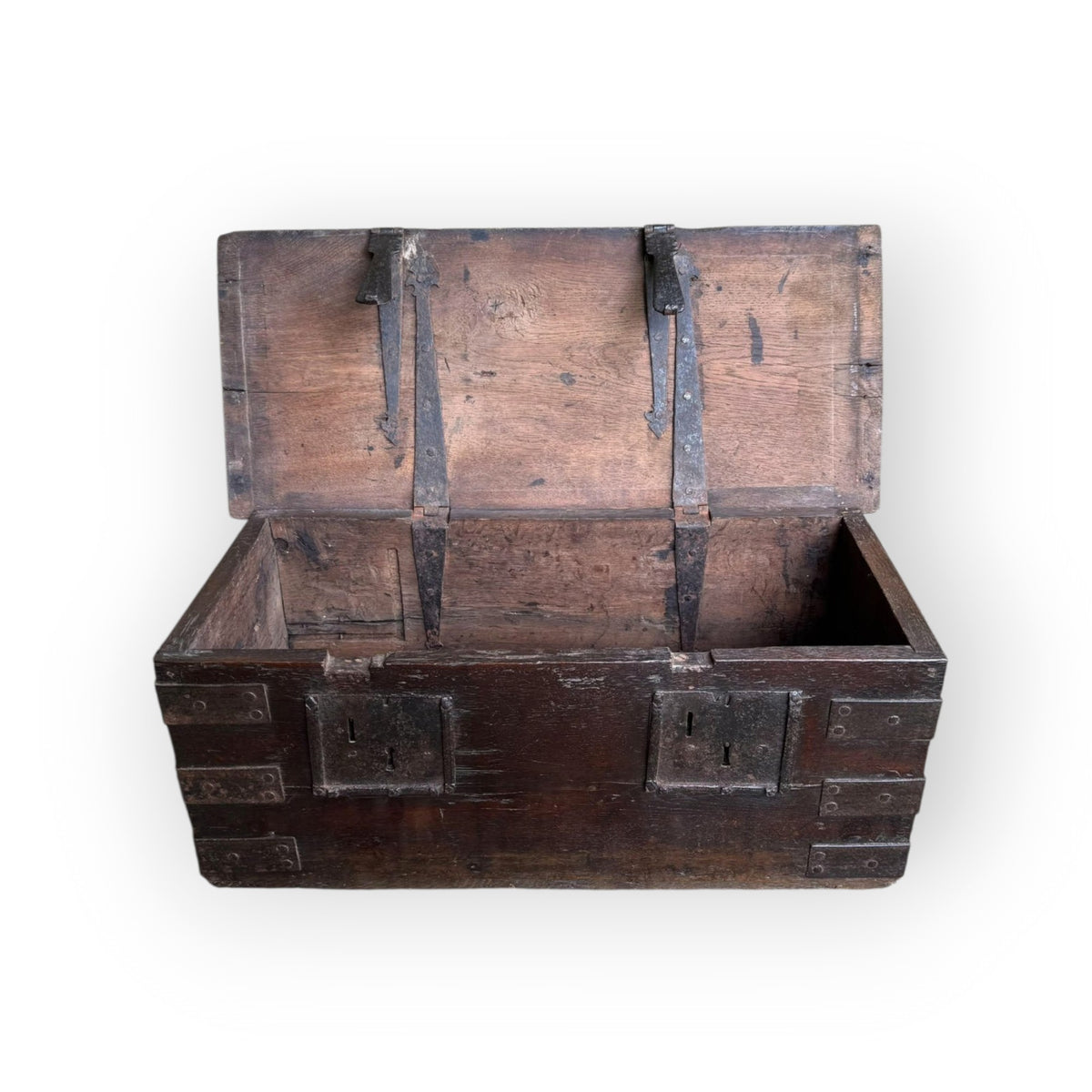 Early 17th Century Antique Oak & Iron Strong Box With Twin Locks