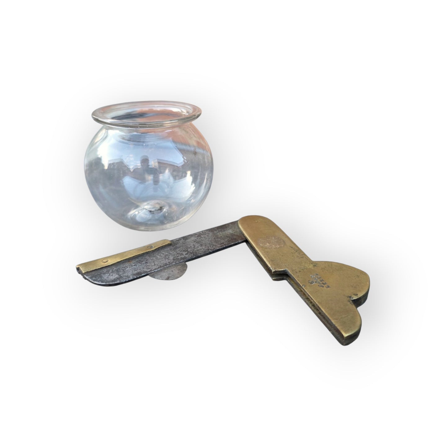 An 18th-Century Glass Bleeding Bowl Together with a Brass & Steel Fleam by J. Gay of Leeds — An Antique Barber-Surgeon's Phlebotomy Group