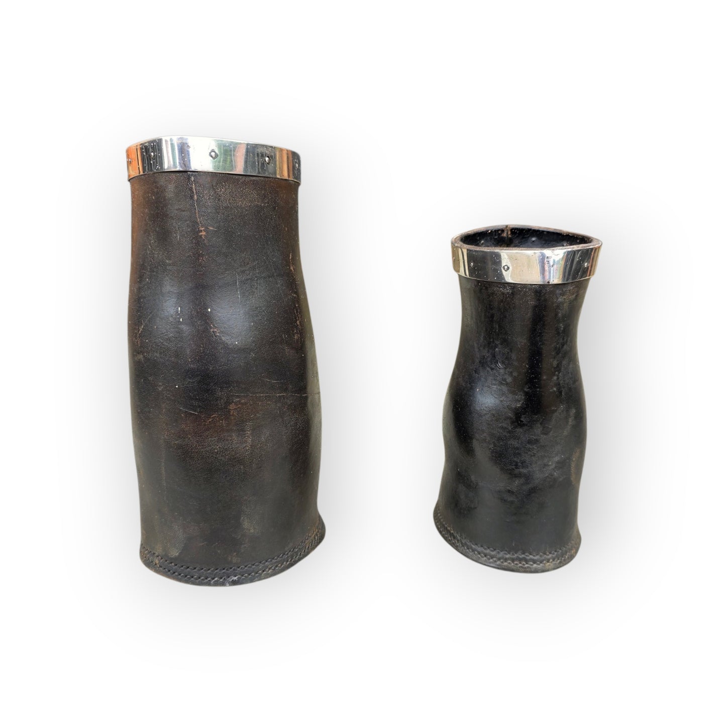 A Graduated Pair of Antique Silver-Mounted Leather Blackjacks by Frederick James Ross of Winchester, Chester Hallmarks, c.1905–06