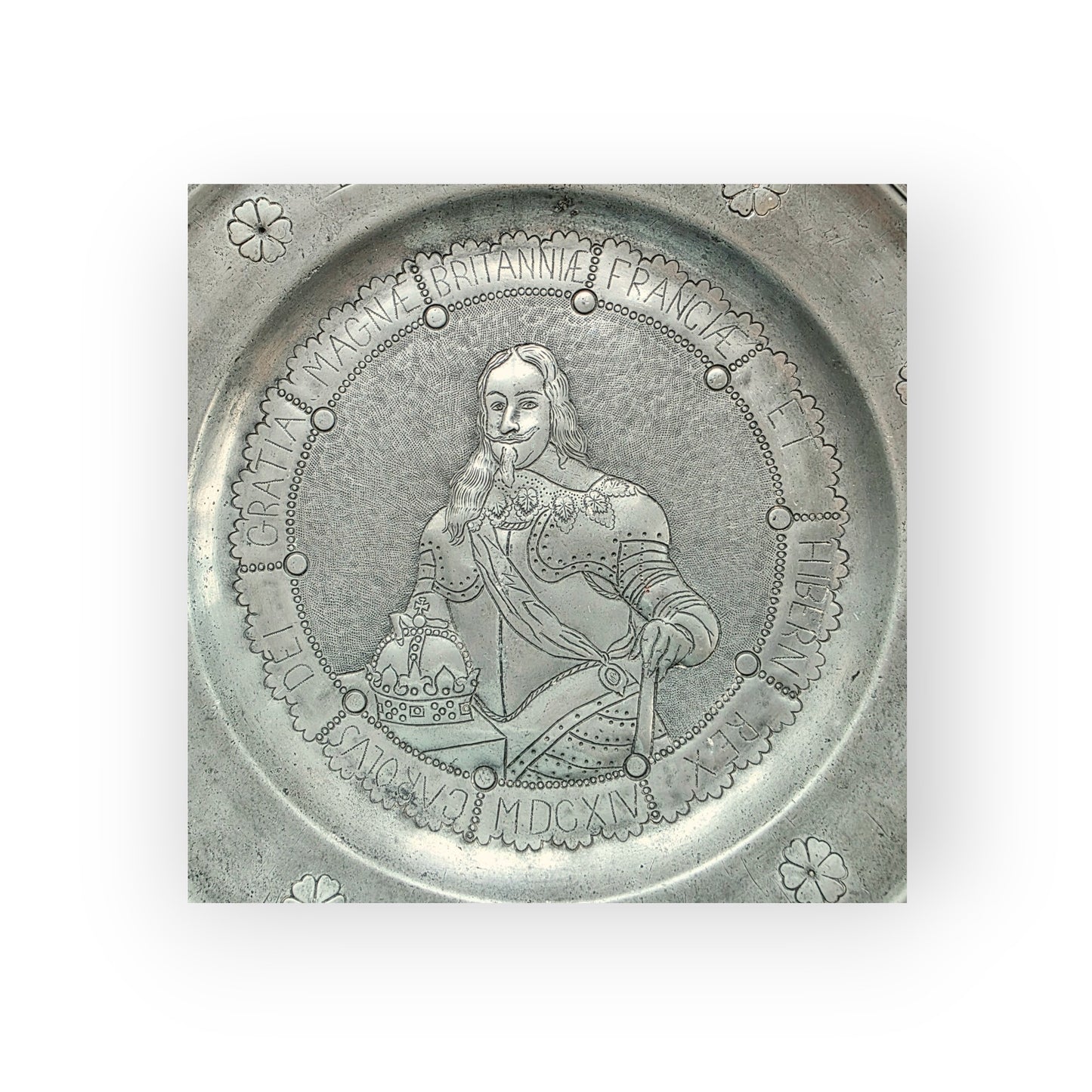 Rare Pair of 17th-Century Antique Pewter Chargers Depicting King Charles I & Henrietta Maria