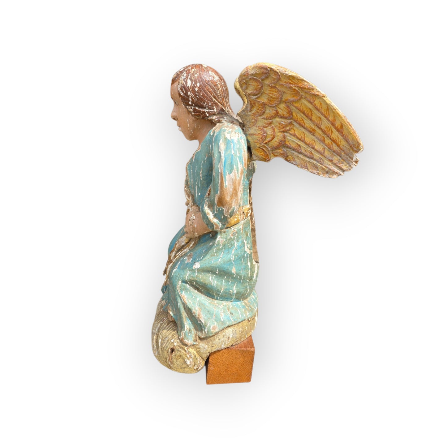 Early 18th Century Baroque Antique Carved Wooden Angel in Original Polychrome