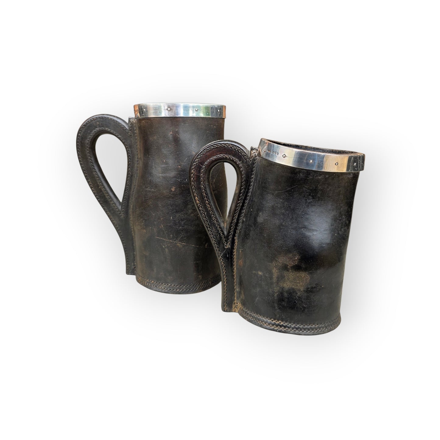 A Graduated Pair of Antique Silver-Mounted Leather Blackjacks by Frederick James Ross of Winchester, Chester Hallmarks, c.1905–06