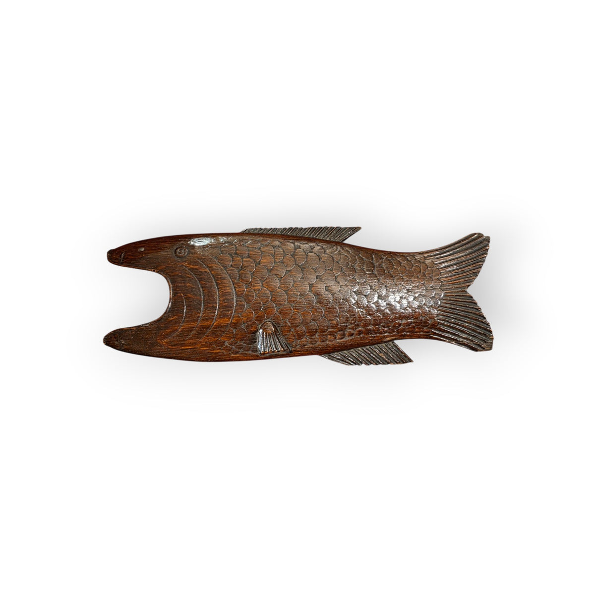 Rare 19th-Century English Antque Folk Art Carved Treen Boot Jack | Fish-Form Treen Love Token (Dated 1873)