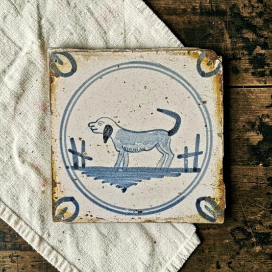 17th Century Naive Dutch Antique Delft Tile of a Hound c.1690
