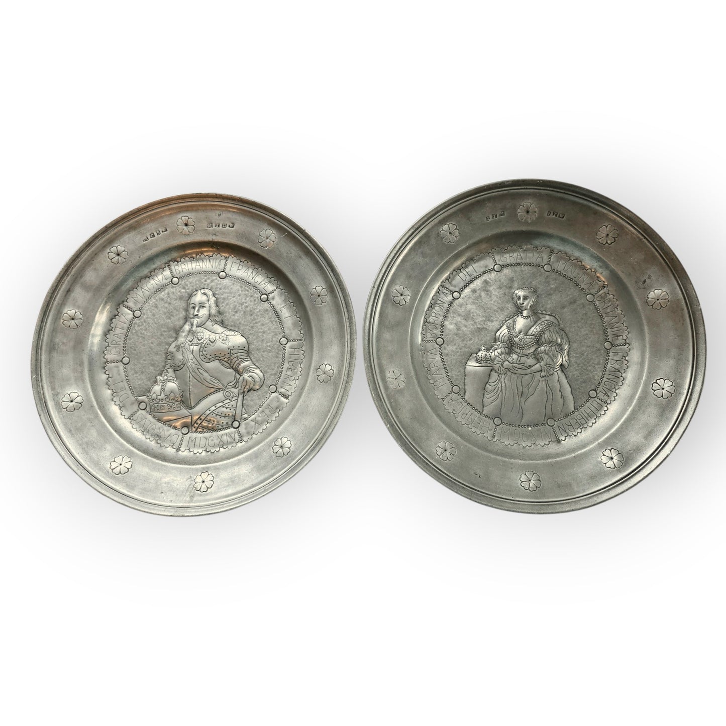 Rare Pair of 17th-Century Antique Pewter Chargers Depicting King Charles I & Henrietta Maria
