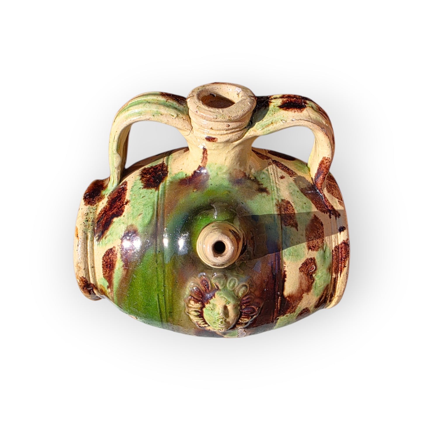 A Rare 17th Century French Saintonge Lead-Glazed Earthenware Costrel, Attributed to La Chapelle-des-Pots, With Applied Mask and Eagle Medallions, Circa 1600-1650