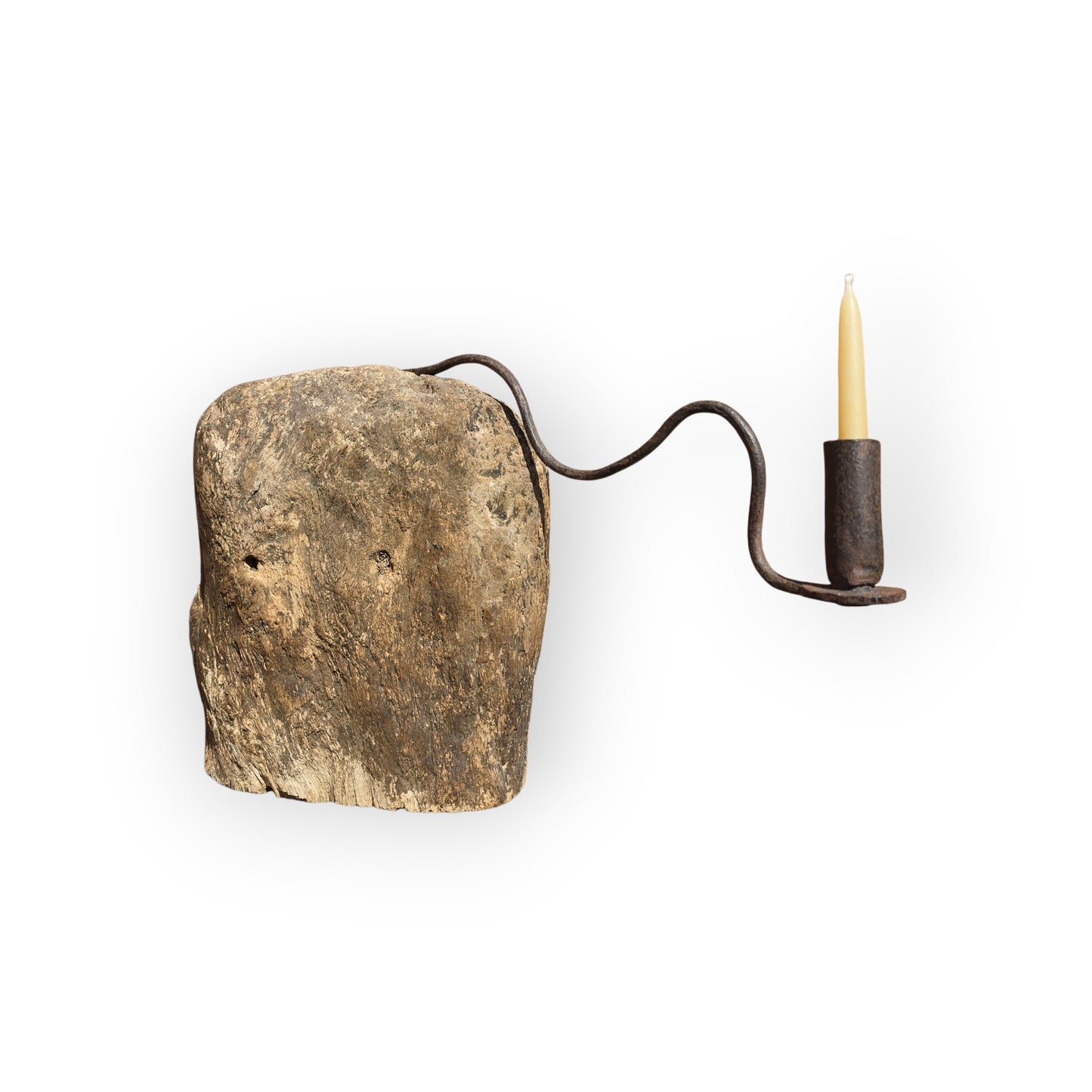 18th‑Century English Antique Wrought‑Iron Candleholder on Wooden Block