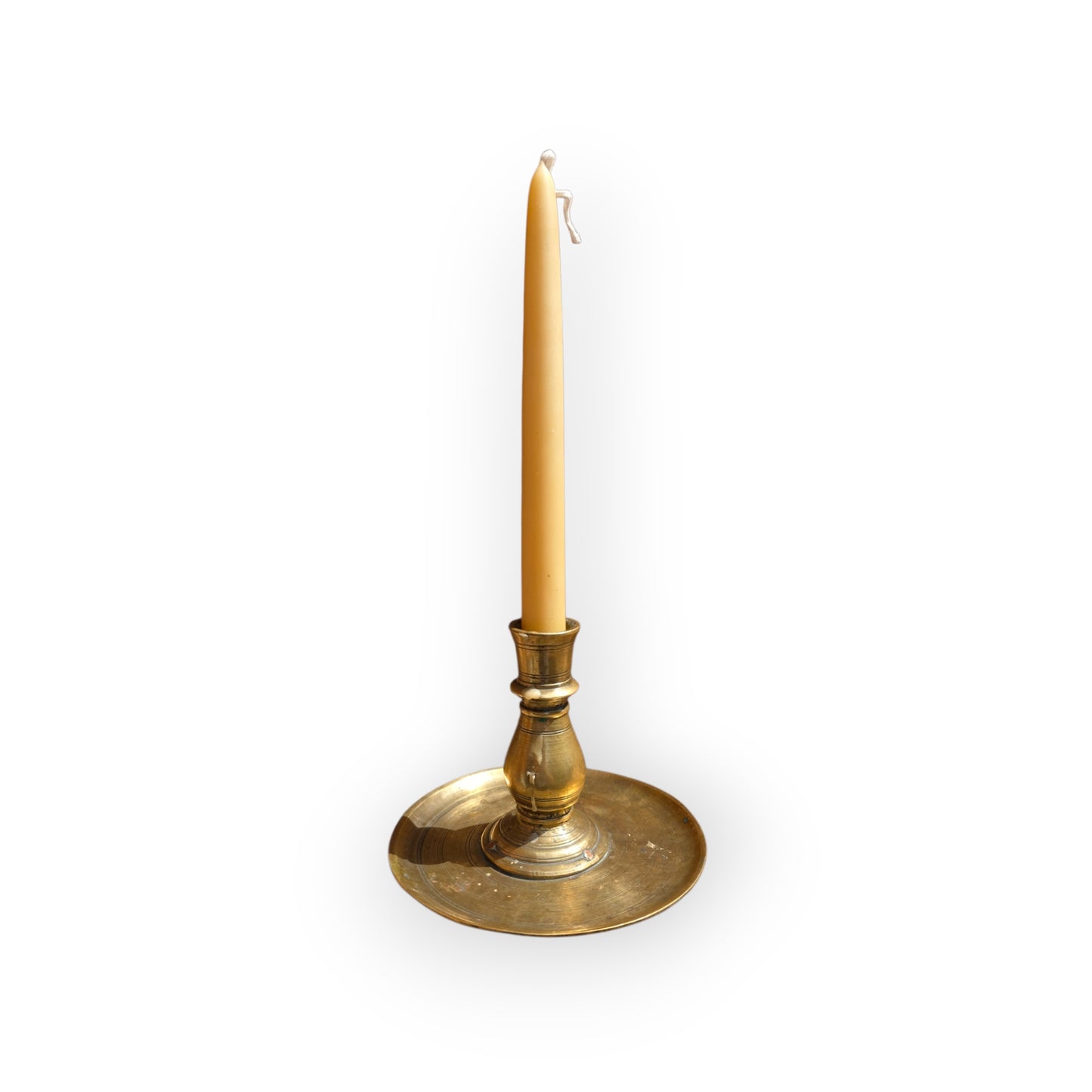 Rare 17th Century Spanish Antique Brass Disc-Base Candlestick, circa 1650–1700