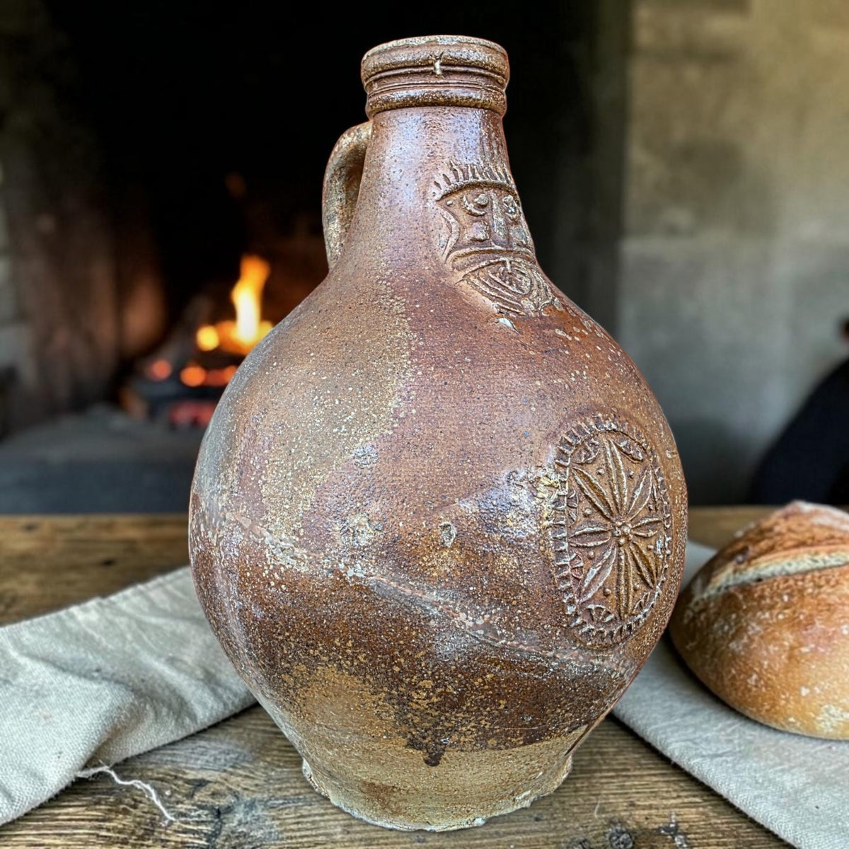 Large 17thC German Antique Bellarmine Jug, Frechen, c.1650–1670 — With Apotropaic Witch Mark