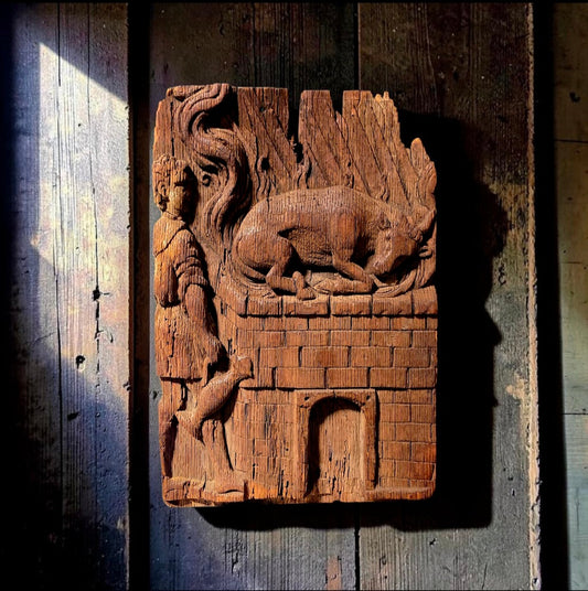 Early 17th-Century Antique Carved Oak Panel/Fragment Depicting Elijah's sacrifice on Mount Carmel, circa 1600